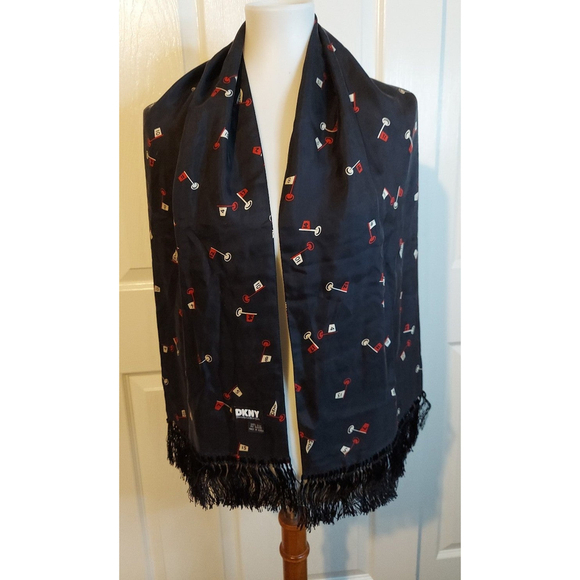 DKNY 100% Silk Novelty Flagstick Fringe Scarf Black - Picture 3 of 6
